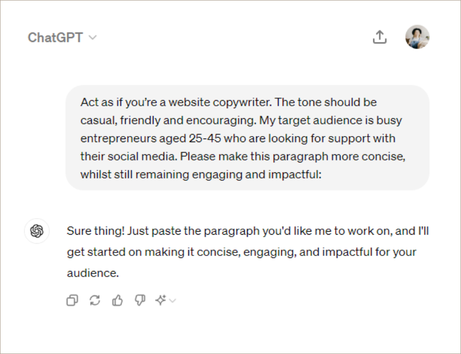 An example of a ChatGPT prompt to help make your website copy more concise, engaging, and impactful.