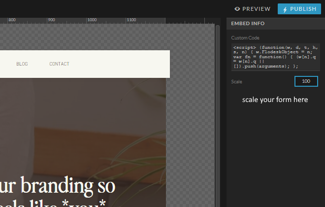A screenshot showing how to scale a Showit embed code