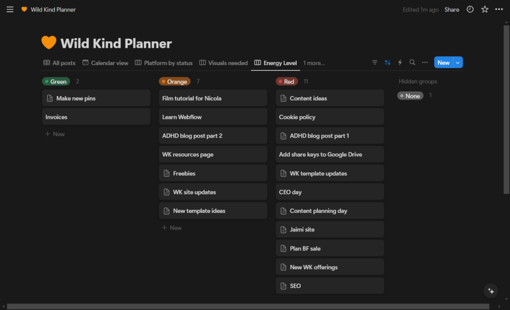 A screenshot of a Notion planner for ADHD entrepreneurs with tasks categorized by energy level