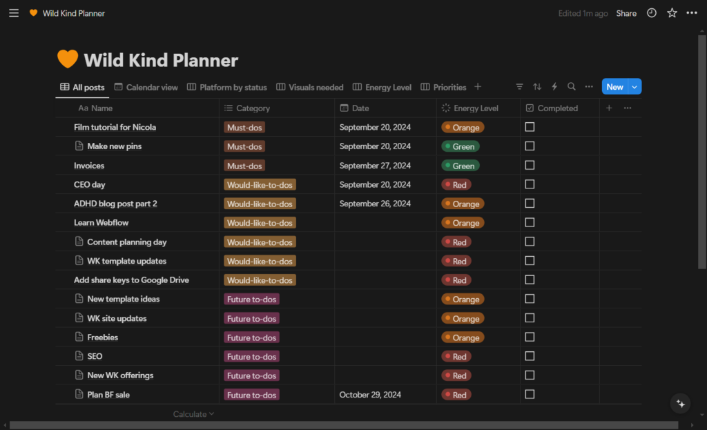 A screenshot of a Notion planner for ADHD entrepreneurs with tasks categorized by priority