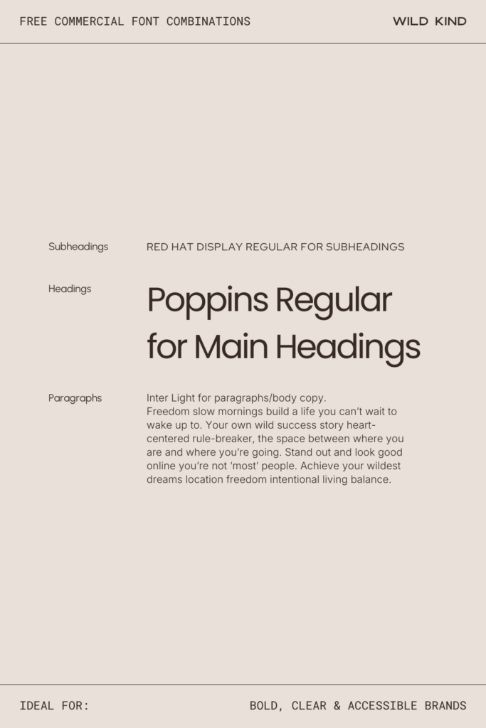 Free commercial font pairing example for clear and accessible brands—Poppins, Red Hat Display and Inter