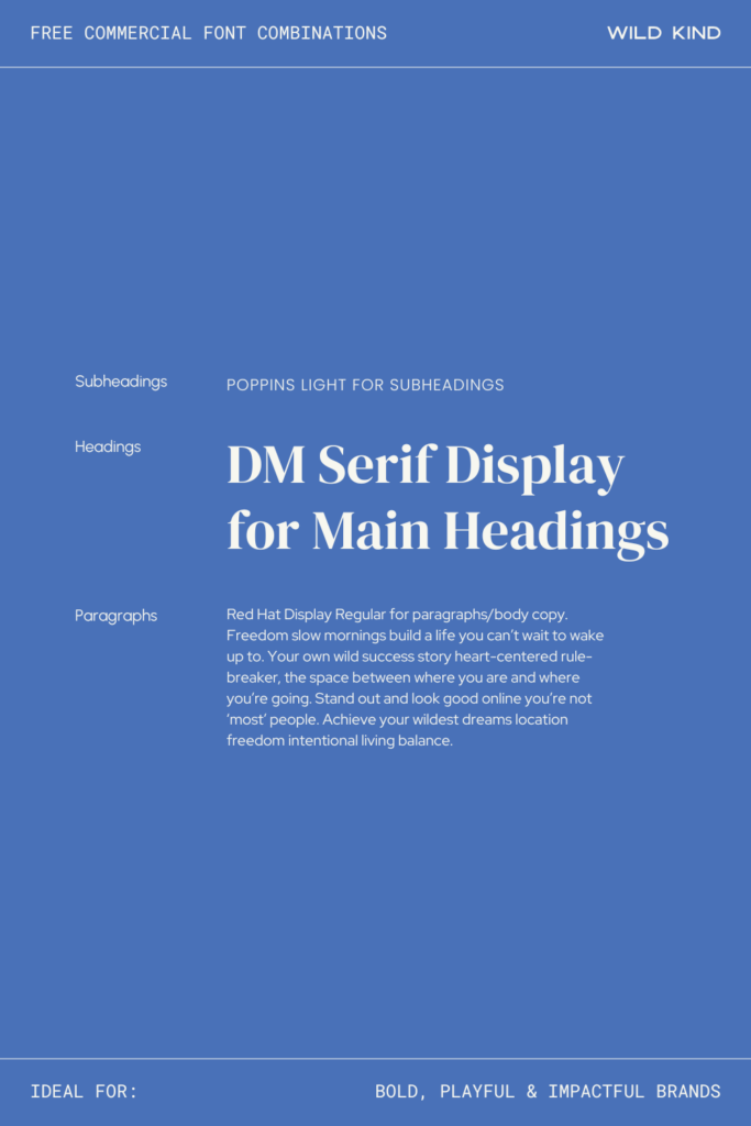 Free commercial font pairing example for bold and impactful brands—DM Serif, Poppins and Red Hat Display