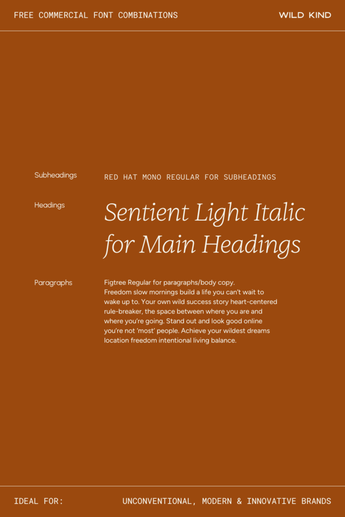 Free commercial font pairing example for modern and innovative brands—Sentient, Red Hat Mono and Figtree
