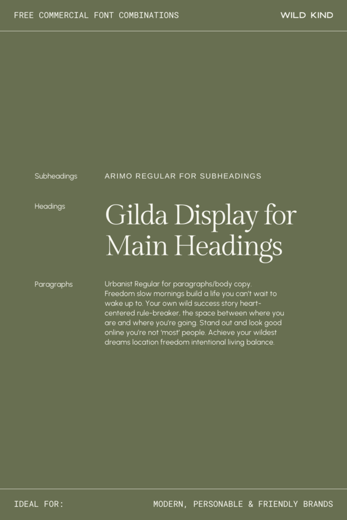 Free commercial font pairing example for personable and friendly brands—Gilda, Arimo and Urbanist