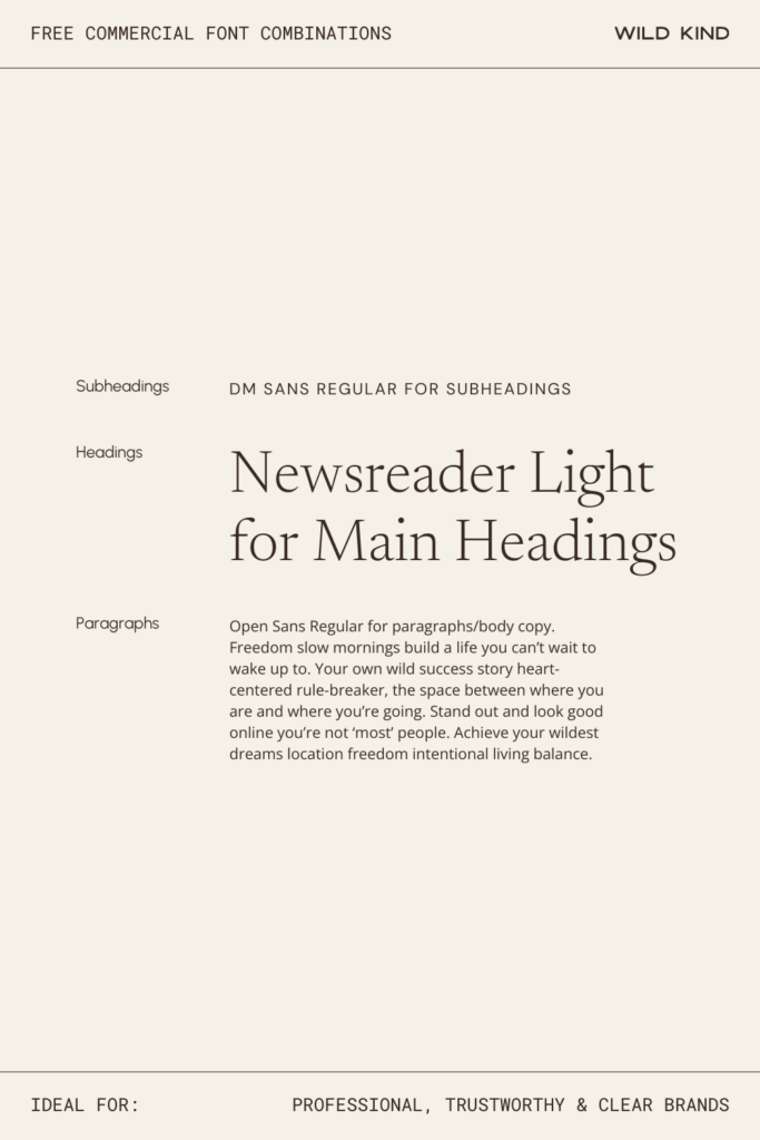 Free commercial font pairing example for professional and trustworthy brands—Newsreader, DM Sans and Open Sans