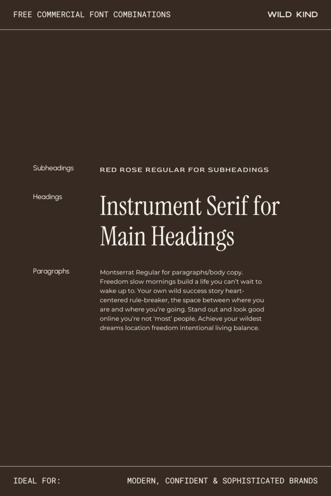 Free commercial font pairing example for modern and confident brands—Instrument Serif, Red Rose and Montserrat