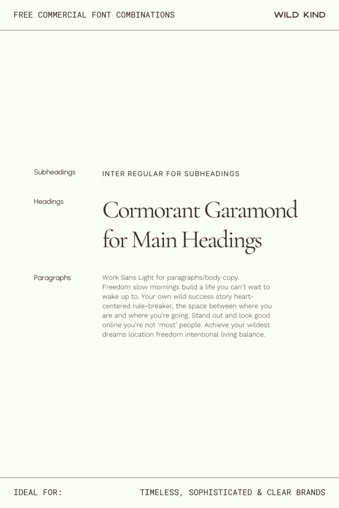 Free commercial font pairing example for timeless and sophisticated brands—Cormorant Garamond, Inter and Work Sans