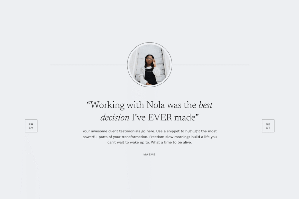 Showit website template showing a testimonial section with photo, bio, and client review